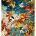 A close up on the center panel of the project, showing print details on the panel featuring vibrant autumn leaves and three adorable chickadees.