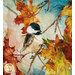 A super close up on the center panel of the project, showing print and top quilting details on the panel featuring vibrant autumn leaves and an adorable chickadee.