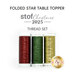 Three spools of red, green and gold metallic thread, isolated on a white background below a text graphic.