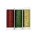 Three spools of red, green and gold metallic thread, isolated on a white background.