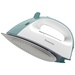 The sage green and white steam iron tilted upward, isolated on a white background.