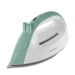 The sage green and white steam iron, isolated on a white background.