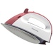 The red and white steam iron tilted upward, isolated on a white background.