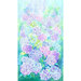 A bright multicolored panel of pink, green, blue, and purple hydrangeas on a watercolor background.