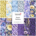 A collage of fabrics included in the Mystic Meadow collection with gold, teal, blue, and purple fabrics with wildflowers.