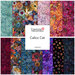 A collage of fabrics included in the Calico Cat collection with teal, lavender, orange, pomegranate, and black bohemian floral fabrics.