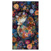 Black fabric panel featuring bohemian-inspired design of a curled, sleeping cat resting in a bed of flowers.