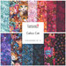 A collage of fabrics included in the Calico Cat collection with teal, lavender, orange, pomegranate, and black bohemian floral fabrics.
