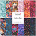 A collage of fabrics included in the Calico Cat collection with teal, lavender, orange, pomegranate, and black bohemian floral fabrics.