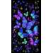 Black fabric panel adorned with a pattern of iridescent butterflies and gold metallic accents.
