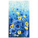 A blue fabric panel featuring blue and yellow poppies on an ombre background. 