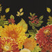 an 8x8 swatch of the panel featuring autumn hued dahlias with leaves and berries on a black background.