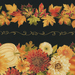 an 8x8 swatch of the fabric featuring autumn hued florals, leaves, and pumpkins, accented by metallic gold trim and scrolling.
