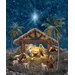 Mottled blue fabric panel with a detailed nativity scene.