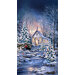 Dark blue panel with a peaceful Christmas scene with a small church nestled in a snowy forest beneath a clear night sky.