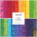 A collage of fabrics included in the Tonga Fandango collection featuring a rainbow of colors with geometric and abstract patterns.