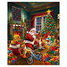 Panel depicting an emerald colored living room on Christmas night featuring a decorated Christmas tree, multicolored gifts, Santa Claus, a dog, a kitten, and a large quilt hanging over a lit fireplace