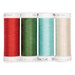 Four spools of thread in white, teal, green, and red isolated on a white background.
