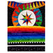 Image of a zoomed in section of the quilt pattern and a stack of the vibrant fabrics used.