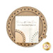 The unfinished Round Wood Décor Frame - Dots with instructions, isolated on a white background.