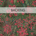 A swatch of mottled green batik fabric with varying sizes of reddish-pink snowflakes. A banner at the top reads "Backing".