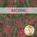 A swatch of mottled green batik fabric with varying sizes of reddish-pink snowflakes. A banner at the top reads "Backing".