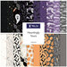 A collage of fabric in the collection, with spooky halloween themes, in black, purple, gray, orange, and cream