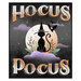 Gray fabric panel with black edges, featuring a black cat in front of a full moon along with black bats, green leaves, and purple clouds and the text "Hocus Pocus" in a vintage orange font