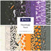 A collage of fabric in the collection, with spooky halloween themes, in black, purple, gray, orange, and cream
