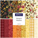 Collage of fabric in the collection in warm red, orange, yellow, cream, and black featuring monarch butterflies and florals