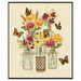Textured beige panel featuring five glass vases with yellow and magenta floral bouquets and monarch butterflies with a black border
