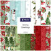 A collage of fabrics included in the Snowy Greetings collection with aqua, white, green, and red fabrics with a Christmas theme.