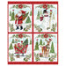 Mottled red panel featuring winter scenes with Santa Clause, a snowman, a present-filled sleigh, and a reindeer.
