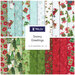 A collage of fabrics included in the Snowy Greetings collection with aqua, white, green, and red fabrics with a Christmas theme.