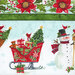 an 8x8 swatch of the fabric featuring poinsettias and holly leaves and a sleigh with presents next to a snowman, separated by a green border stripe.