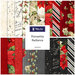 A collage of fabrics included in the Poinsettia Radiance collection with cream, red, gray, and black fabrics with a Christmas florals theme.