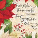 an 8x8 swatch of the panel featuring the text "cherish the moments that make the season" with poinsettias on a mottled cream background.
