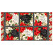 Dark gray panel fabric featuring a window pane of red and white poinsettias and holiday phrases in scrolling letters.