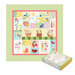 A digital mockup of the colorful Sippin' on Sunshine quilt featuring picnic-themed illustrations, flowers, and cheerful elements. A coordinating keepsake box sits in the lower right corner.