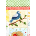 Colorful quilt block featuring an appliqué bluebird perched on a branch amidst various patchwork.