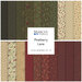 Collage of fabrics in the collection featuring primitive patterns in pine green, cranberry red, and beige