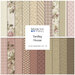 A collage of fabric patterns in pink and beige with a central label for Yardley House by Marcus Fabrics.