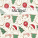 A swatch of cream fabric with tossed cookies in the shapes of santa, christmas trees, snowmen, and candy canes. A banner at the top reads "Backing".