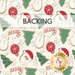 A swatch of cream fabric with tossed cookies in the shapes of santa, christmas trees, snowmen, and candy canes. A banner at the top reads "Backing" and a golden Shabby Fabrics logo sits in the bottom right corner.