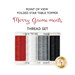 Four spools of thread in red, white, gray, and back isolated on a white background below a text graphic.