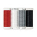 Four spools of thread in red, white, gray, and back isolated on a white background below a text graphic.