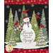 A super close up on the central panel block of the quilt, depicting a jolly snowman in a forest with red cardinals and the phrase "Friends make the season merry."