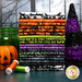 A stack of the fabrics included in the Boo Bash collection, with a witch's hat and a jackolantern and thread and a jar.