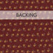 Maroon fabric swatch with a golden floral pattern; a transparent banner reads "Backing."