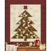 The completed Christmas Tree Quilt colored in red, cream, and green fabrics from the Baubles and Balsam collection by Henry Glass Fabrics, hung on a red wall and bordered by coordinating festive décor.